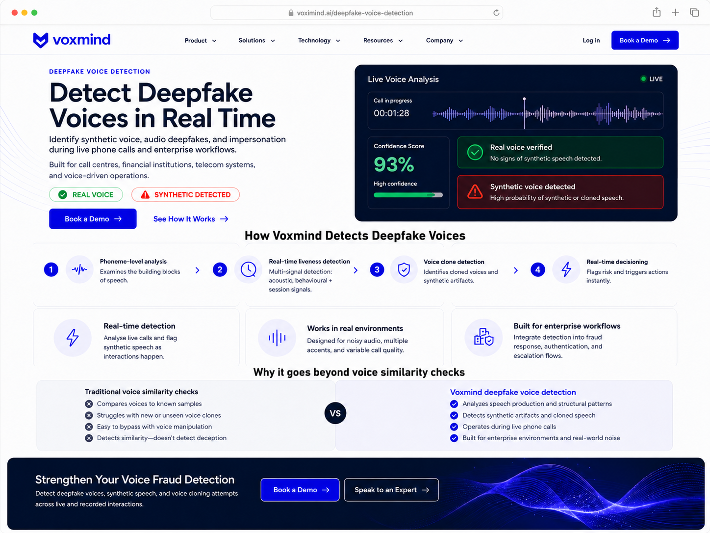 Voxmind deepfake voice detection workflow for real-time phone calls and enterprise systems